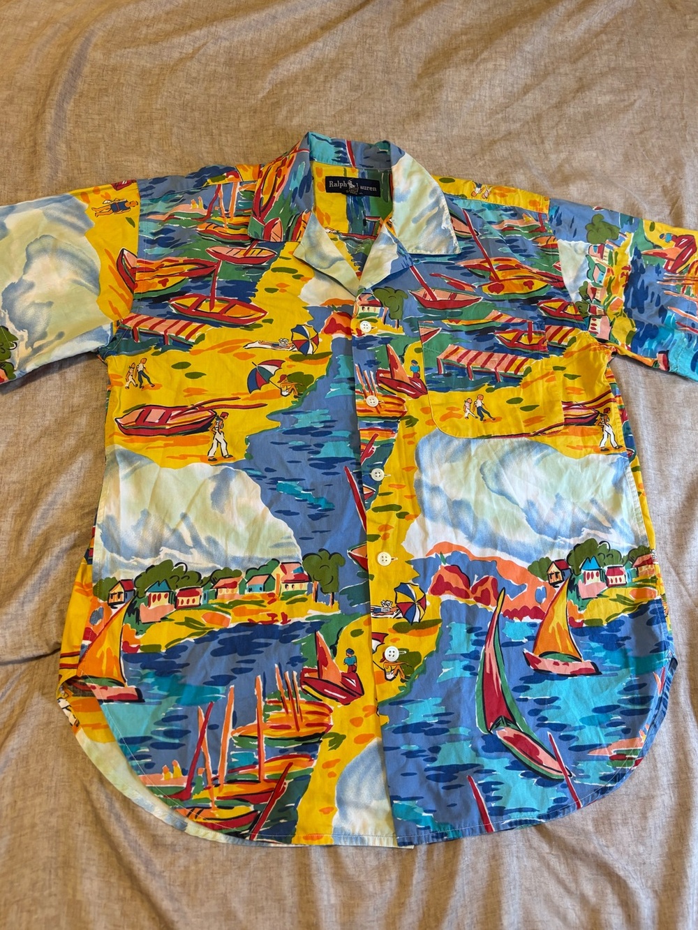 VTG Ralph Lauren Italian Riveria Tropical Boat Print Casual Button Camp Shirt